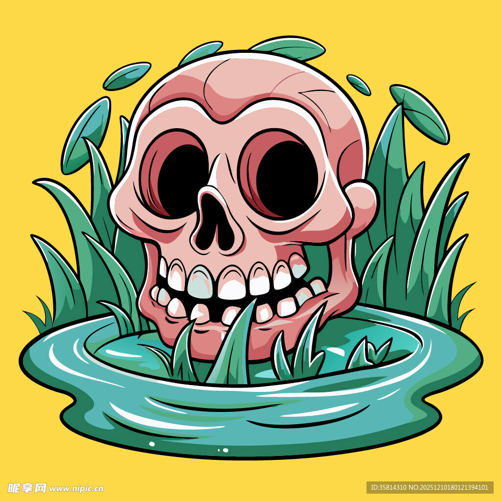 水中骷髅头绿植环绕