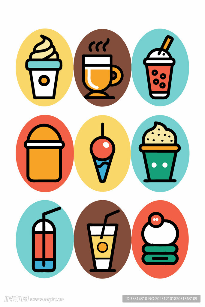 多彩饮品冰淇淋图标集合
