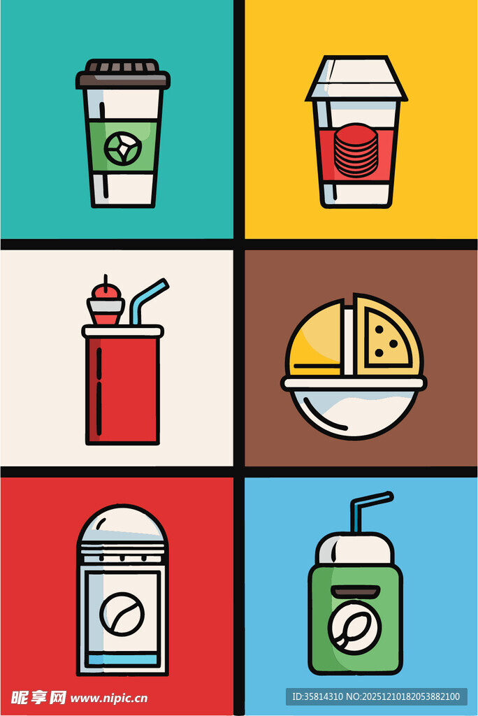 多彩饮品与小吃图标集