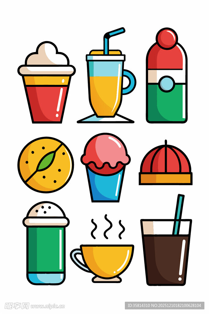 多彩饮品与甜点图标集合