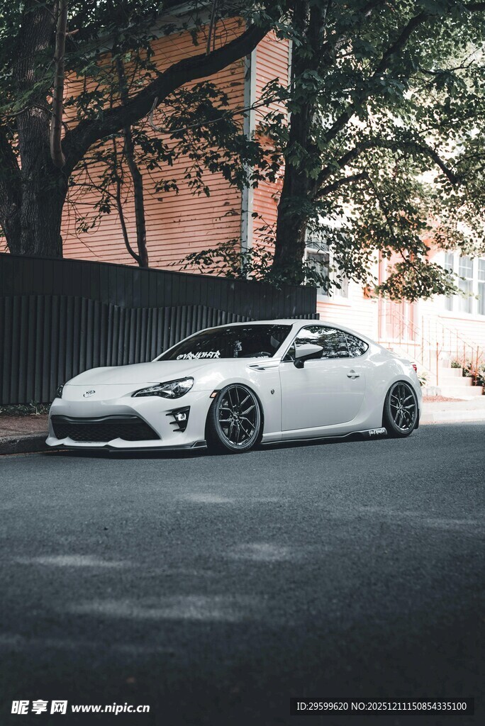 白色酷炫跑车停于树下