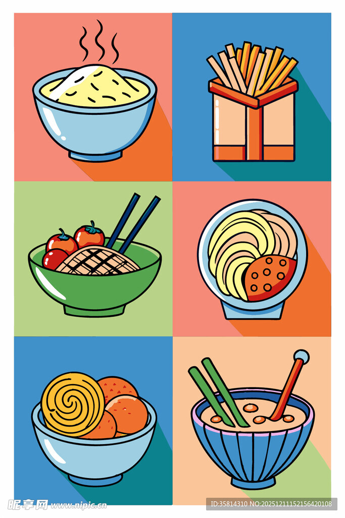 多彩面食美食插画展示