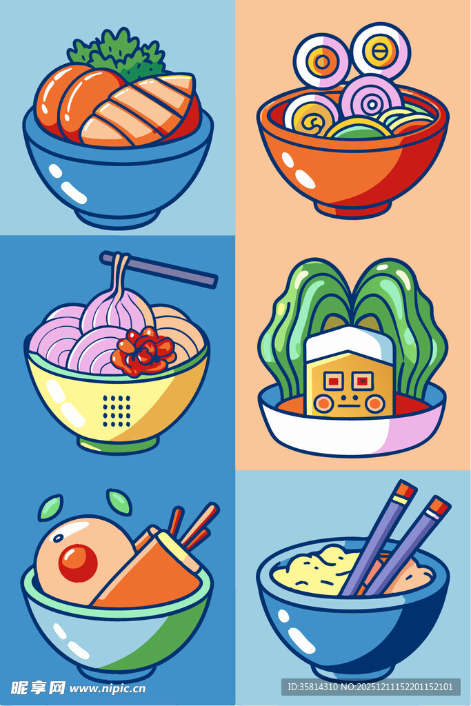 多彩卡通风格亚洲美食集锦