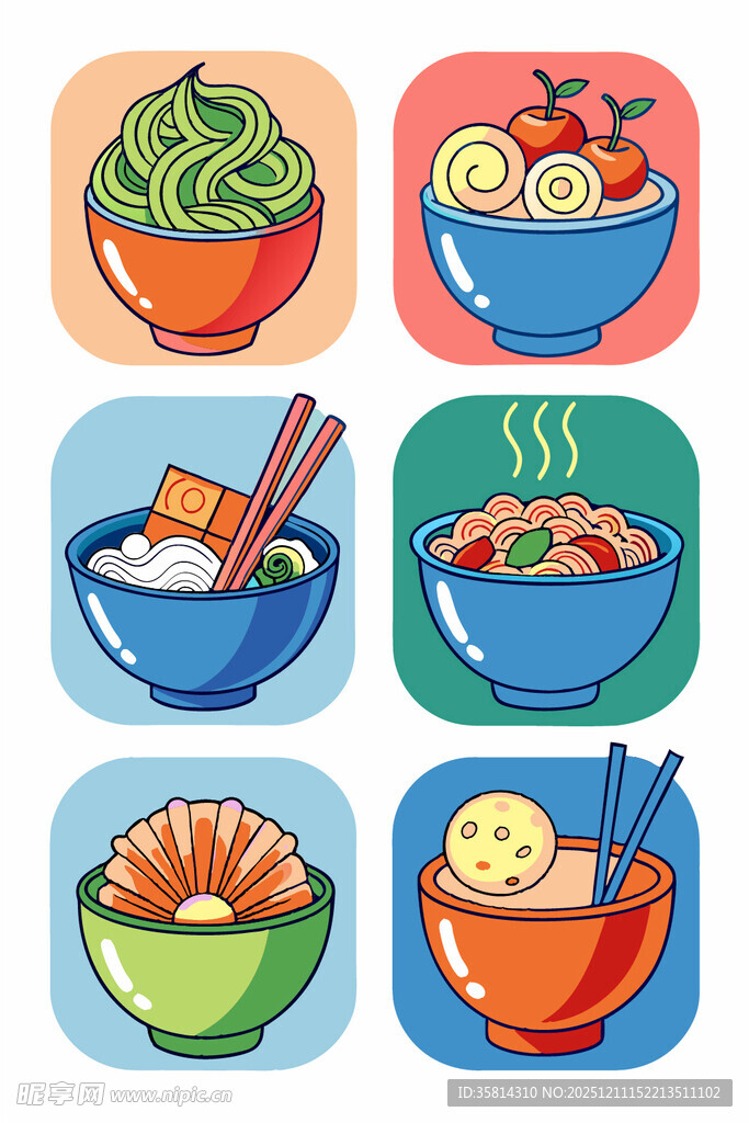 多彩中式美食碗装插画