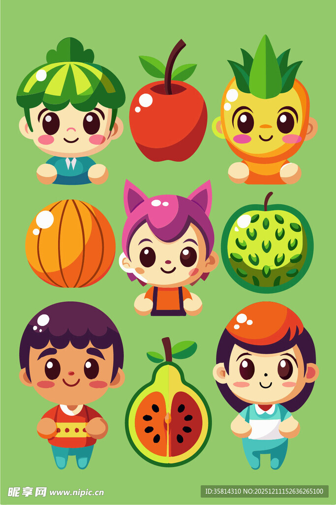 卡通儿童与缤纷水果