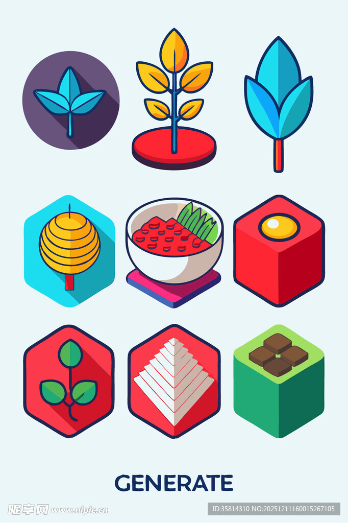 多彩植物与几何图标集合