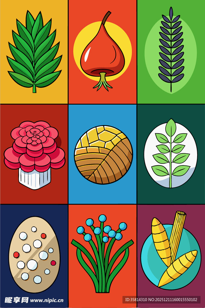 多彩食物与花卉图标集合