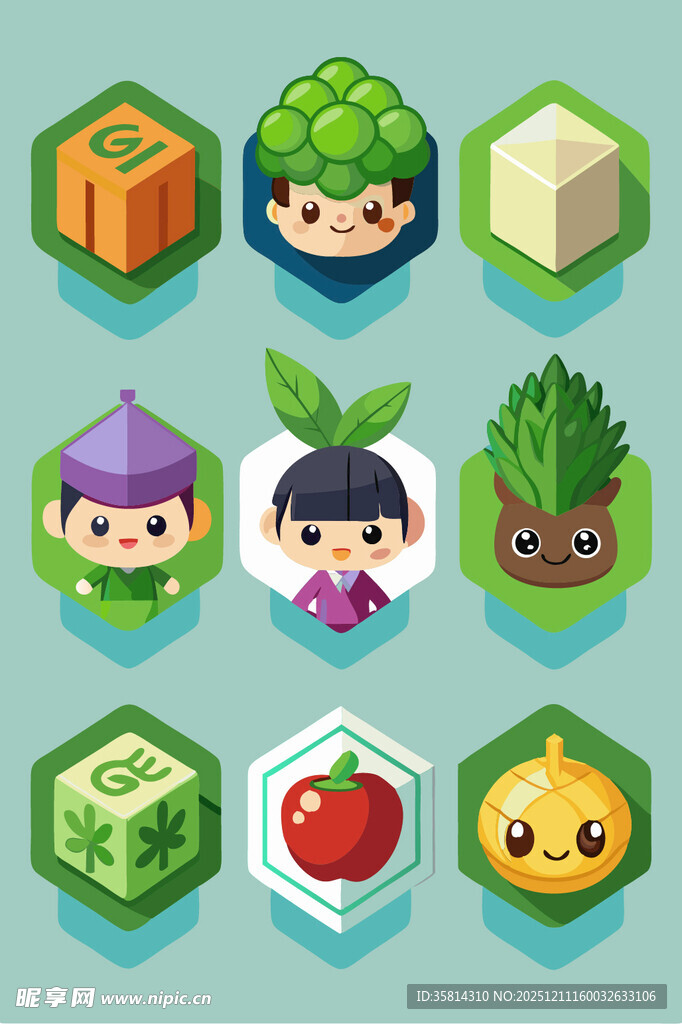 可爱卡通果蔬与人物图标