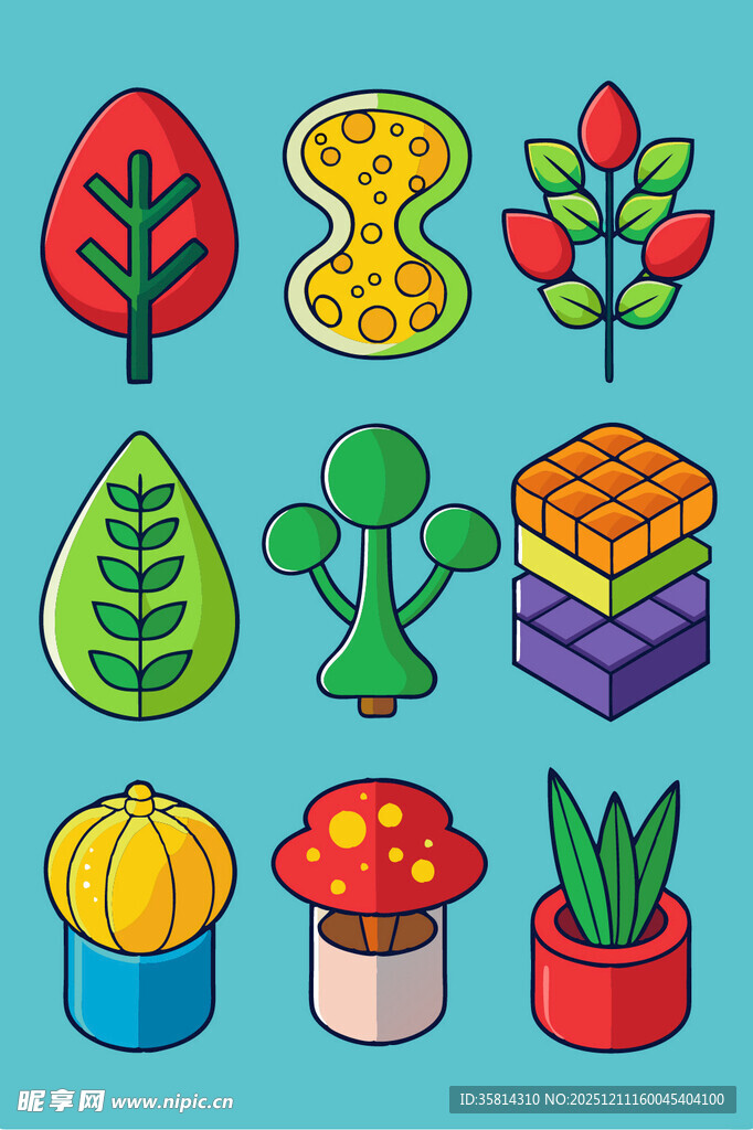 多彩植物盆栽矢量插画