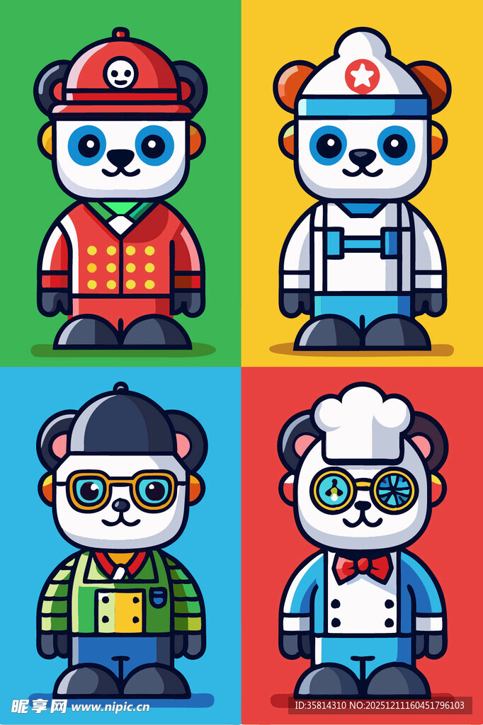 熊猫角色的多样职业装扮