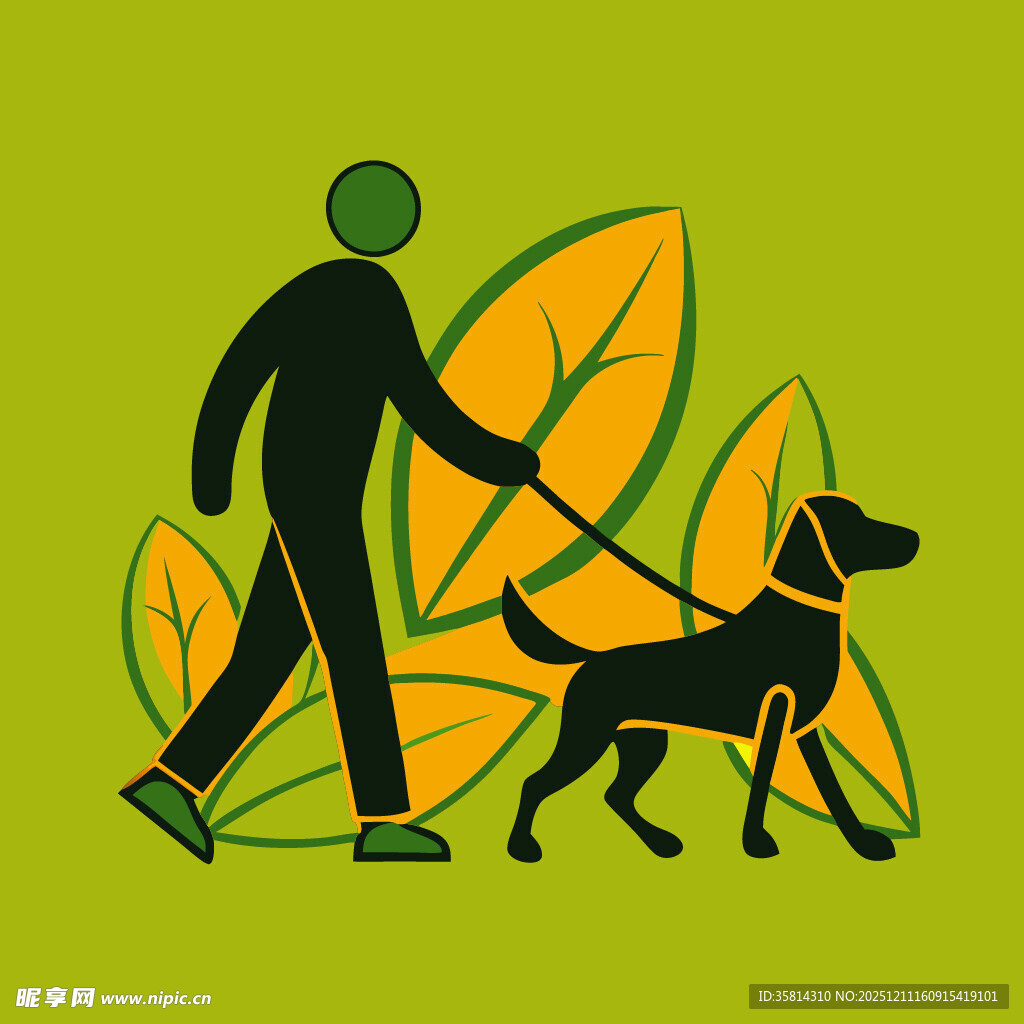 人牵狗漫步于秋叶间