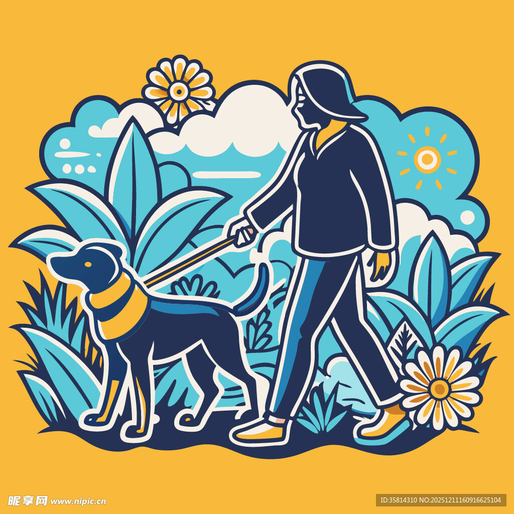 女子牵狗漫步于花草间