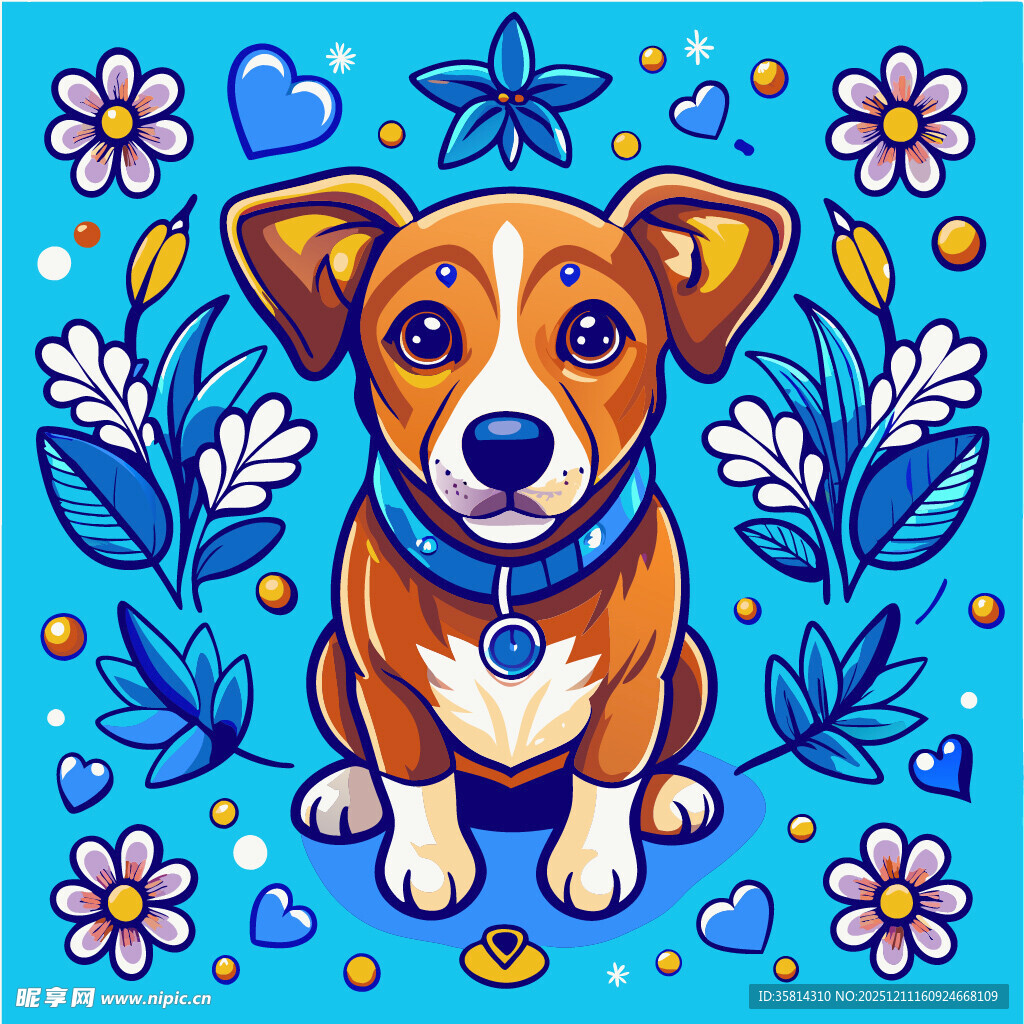 可爱小狗置身缤纷花卉中