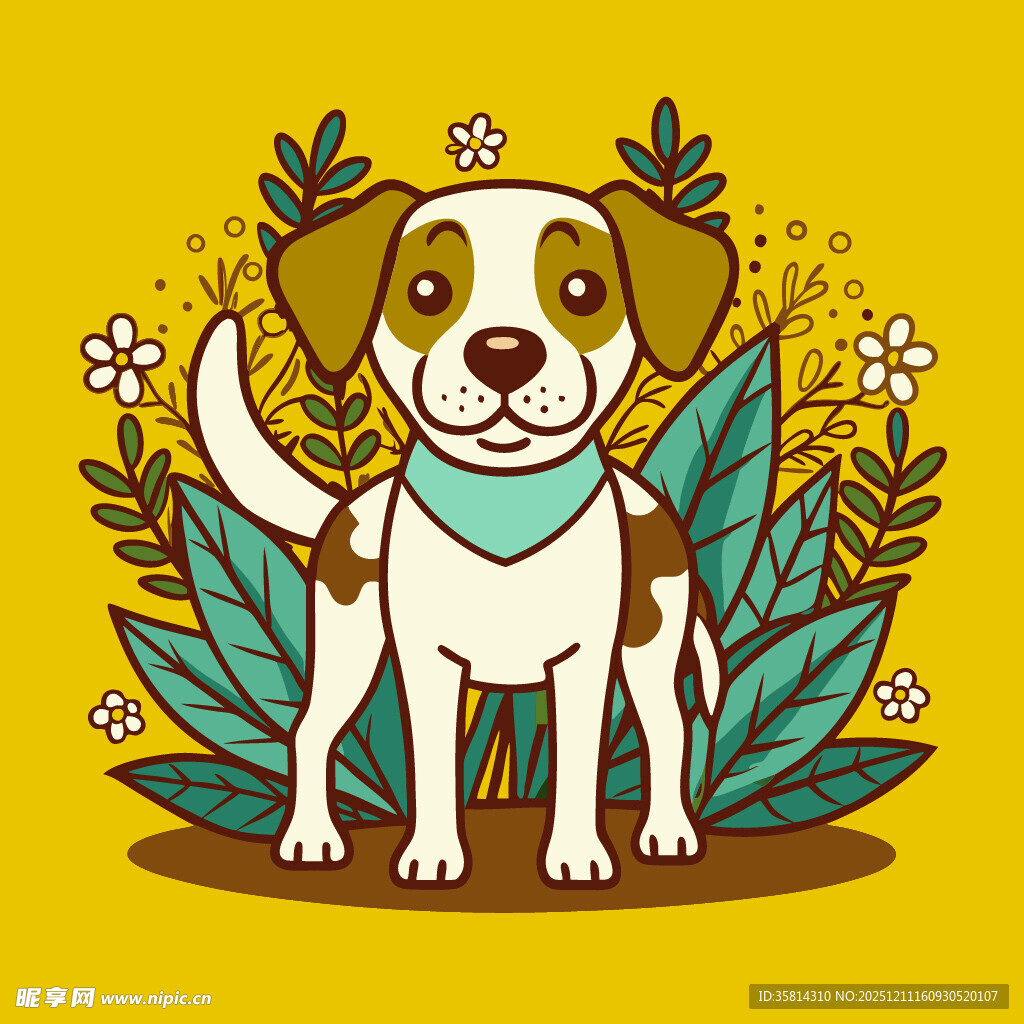 可爱小狗置身绿植花丛中