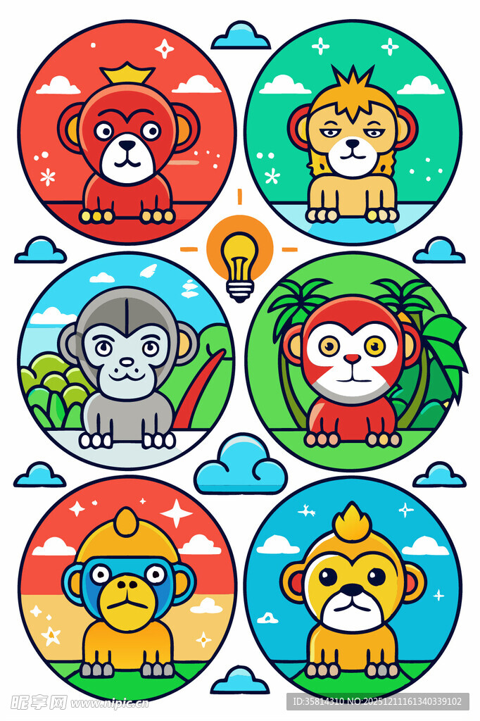 可爱动物圆形卡通插画