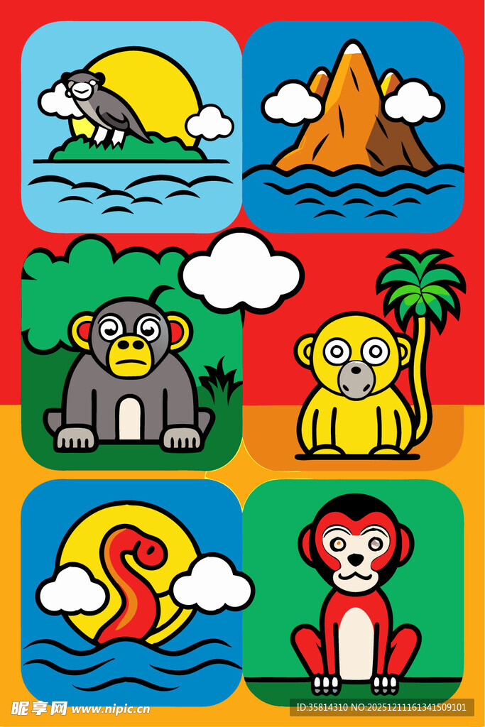 卡通动物与自然风景插画