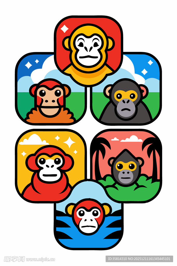 多彩猴子卡通图案集合