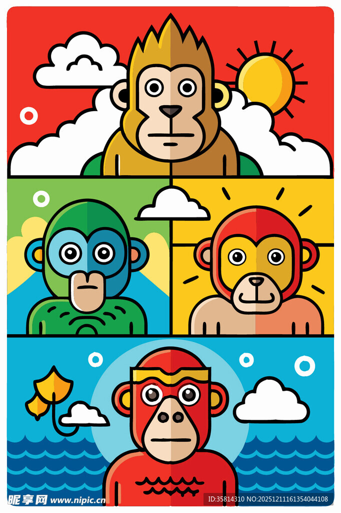 多彩猴子卡通插画