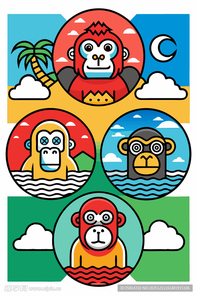 多彩猴子卡通图案集合