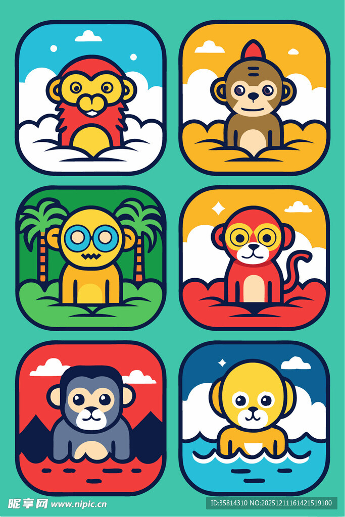 可爱动物度假图标集合