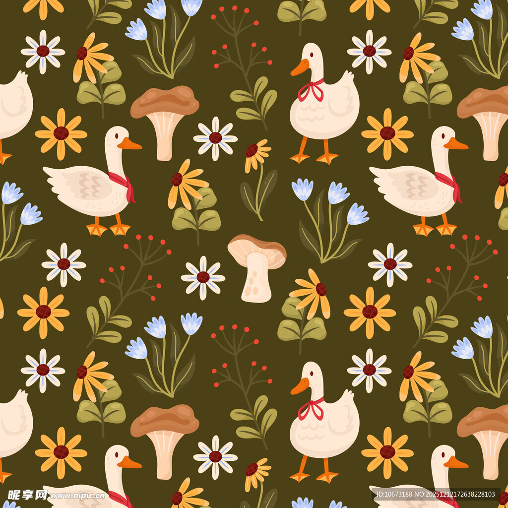 田园风鹅与花草图案背景