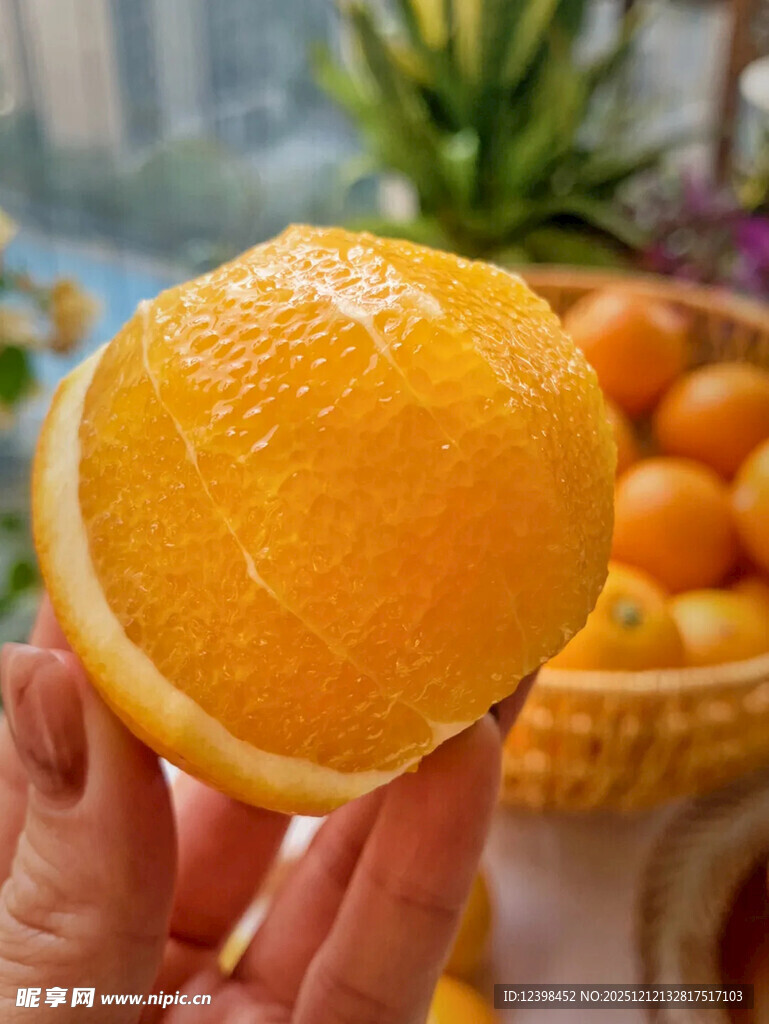 手捧鲜橙展示多汁果肉