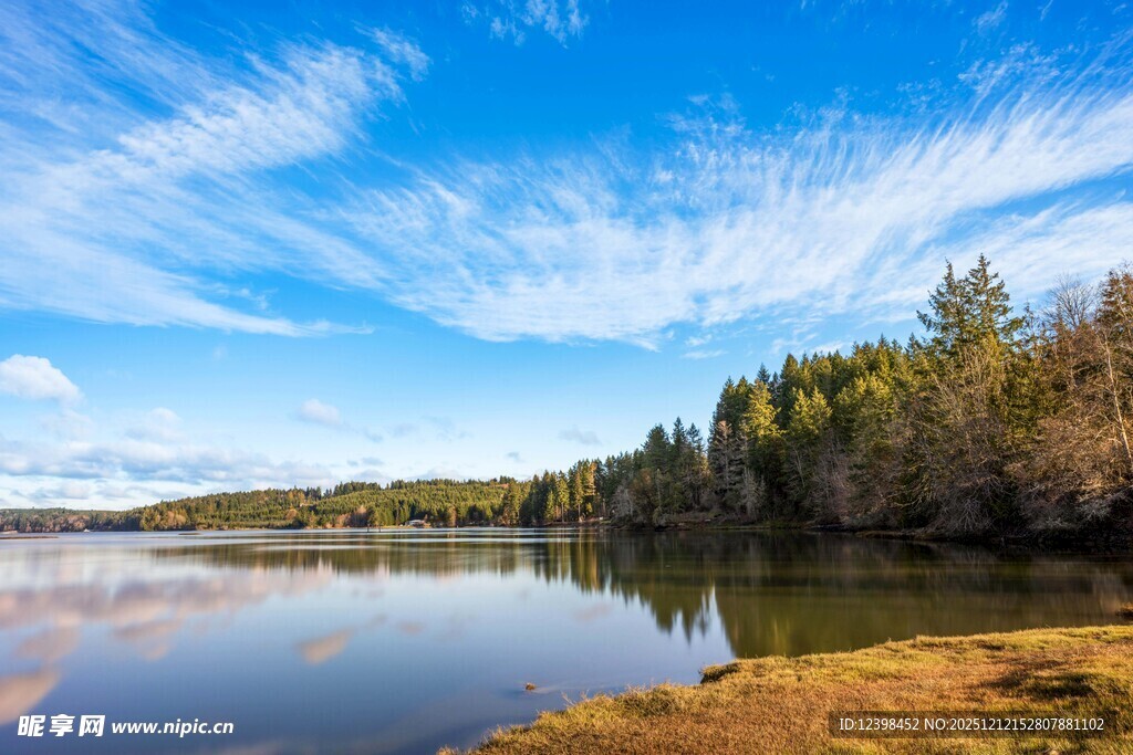 湖畔蓝天绿树美丽风光