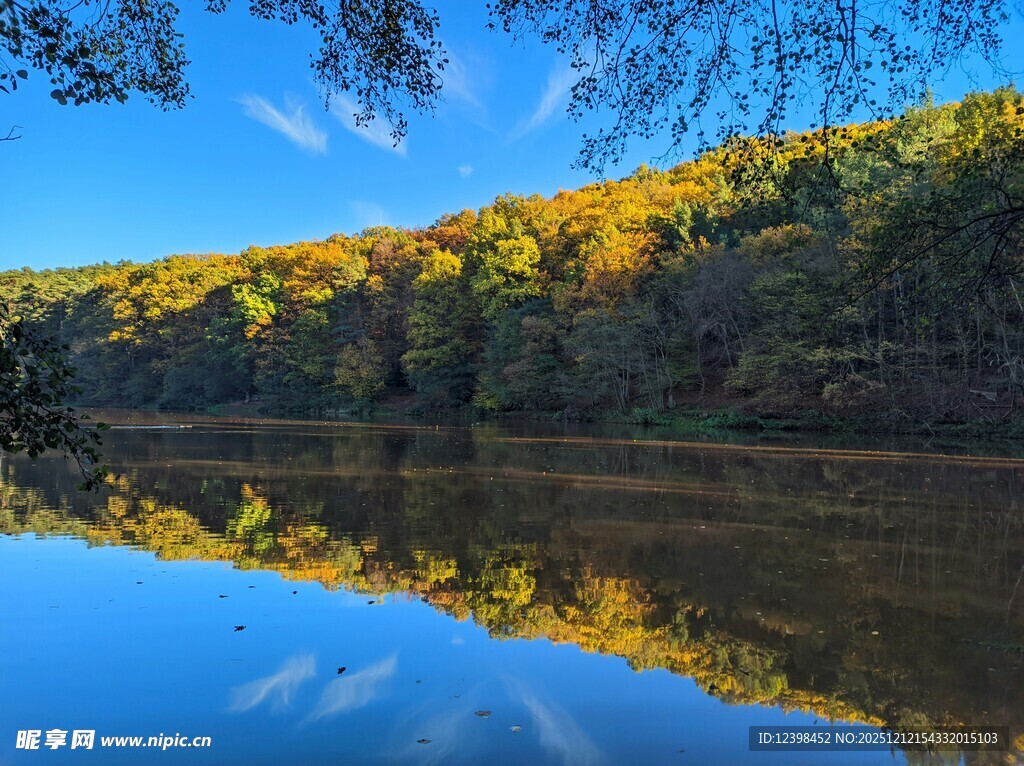 秋日河畔美景倒影如画