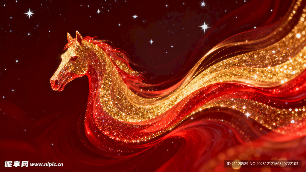 梦幻金红飘带骏马图