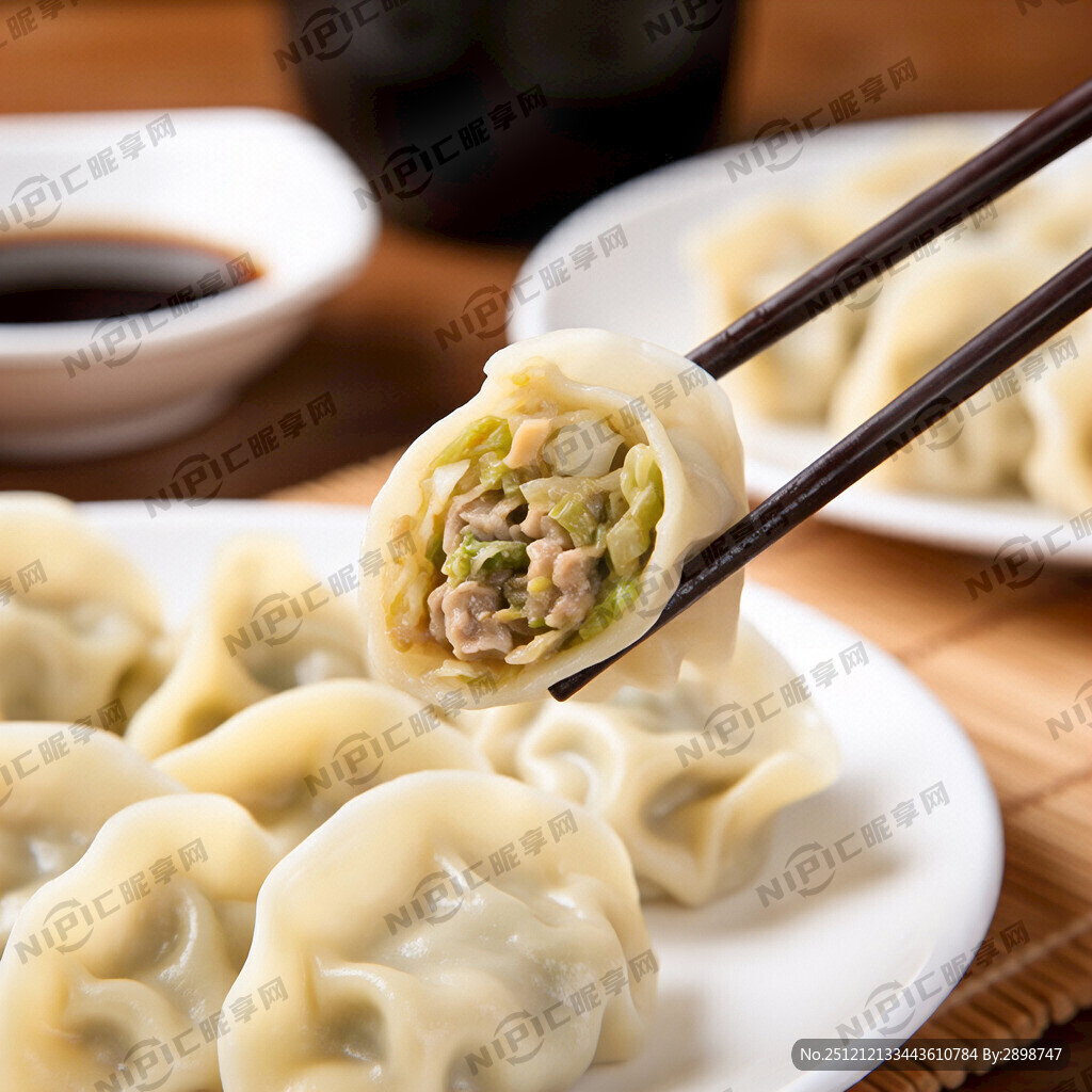 筷子夹着一个水饺 水饺是切开的