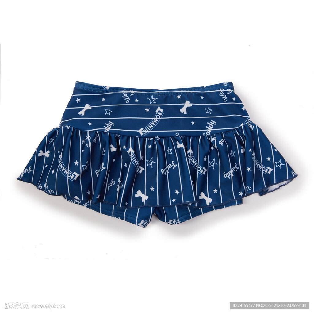 蓝色印花褶皱女童短裤
