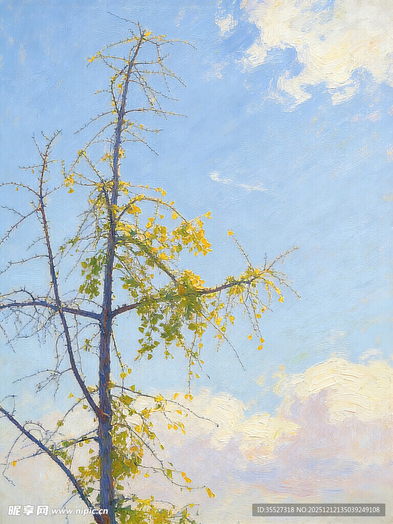 油画 秋天 落叶 蓝天 阳光