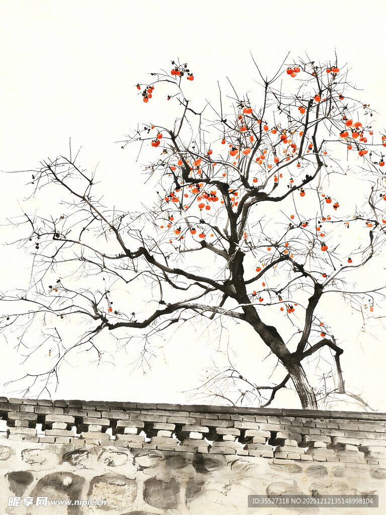 国画 水墨  柿子树 装饰画