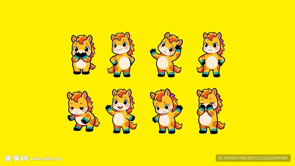 黄色背景上的卡通马年Q版表情包