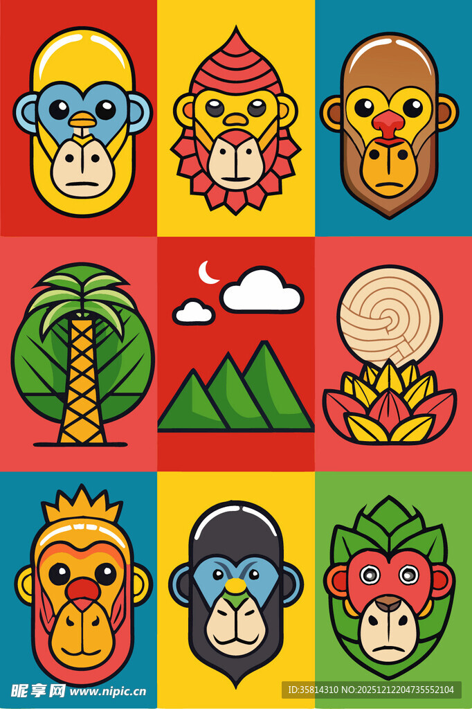 多彩猴子与自然元素图案