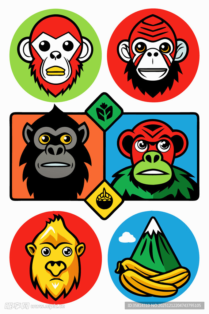 多彩猴子卡通图标集合