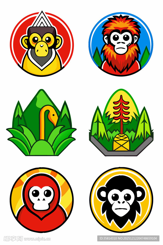 多彩猴子与植物图标集