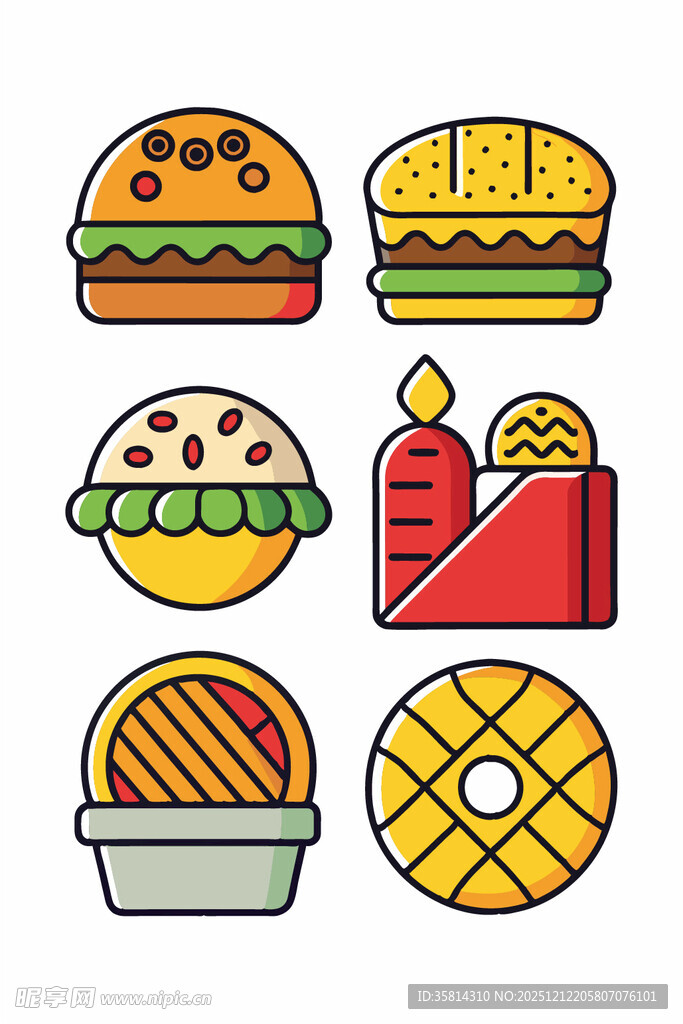 多彩美味快餐图标集合