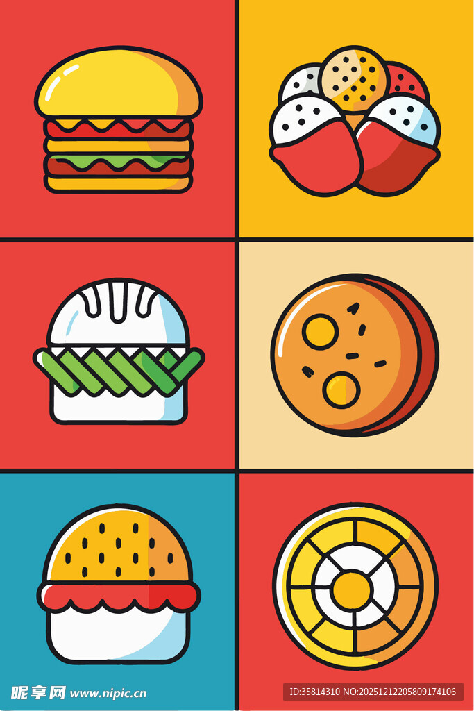 多彩卡通风格经典美食图标