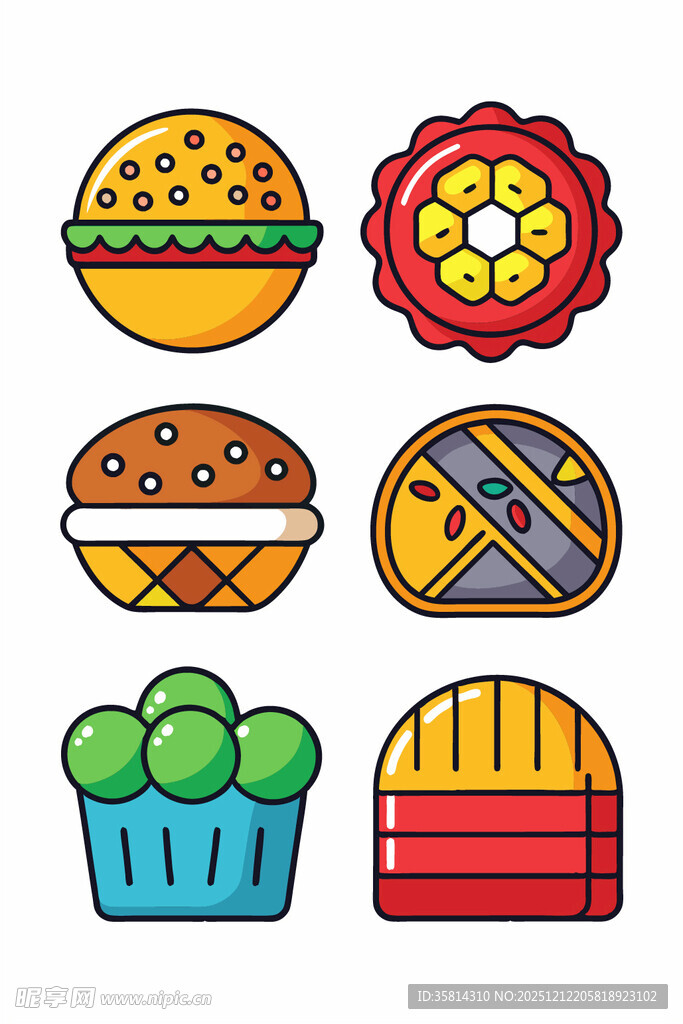 多彩美味糕点与汉堡图标