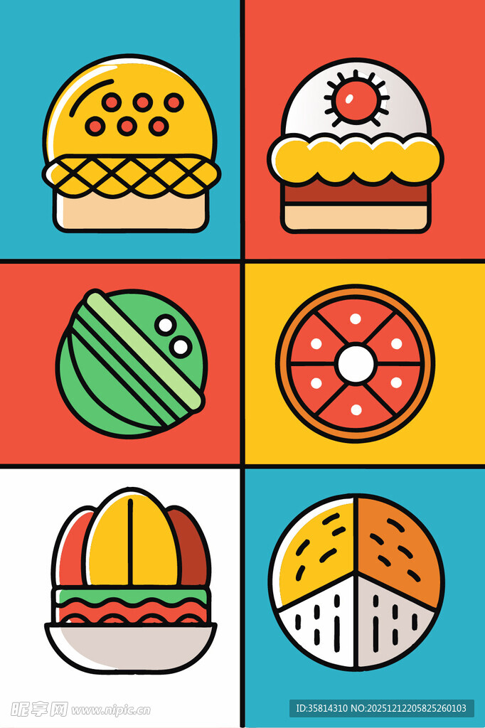 多彩卡通风格美味食物图标