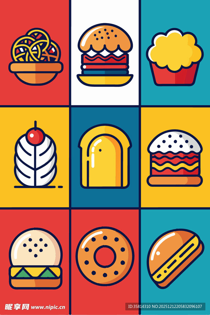 多彩美味的各式快餐图标