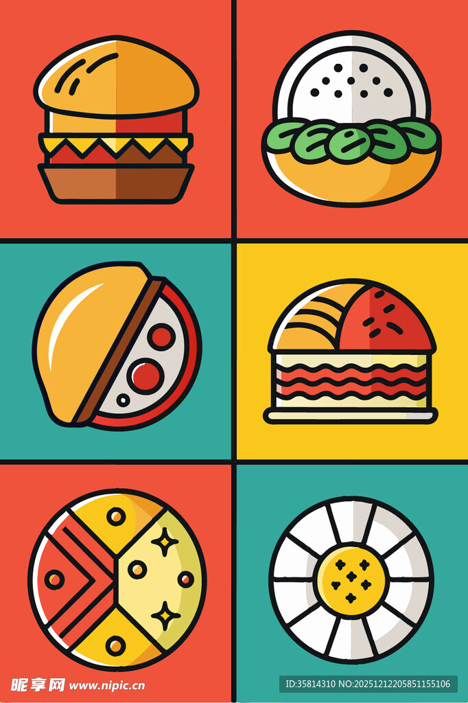 多彩卡通风格美味食物图标