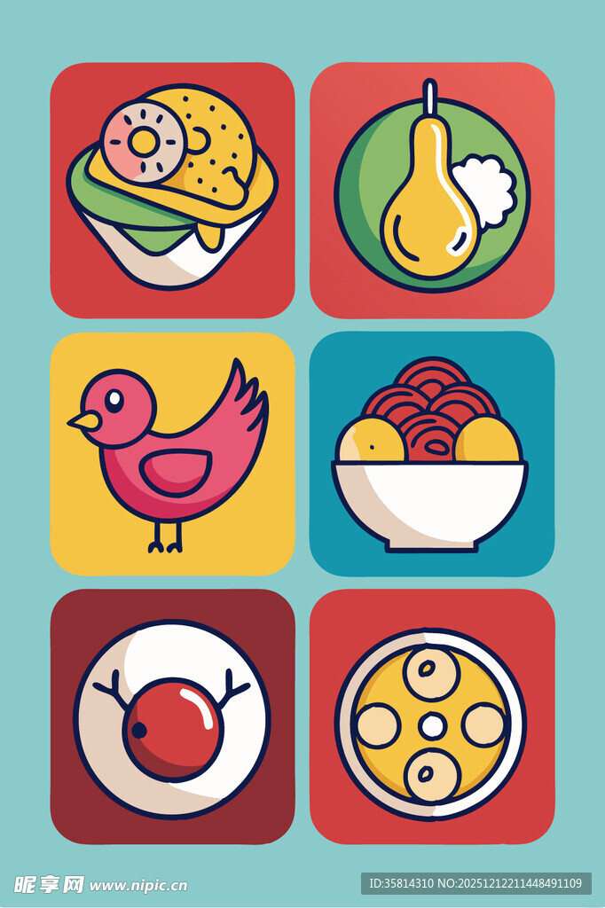 多彩美食与动物图标集合