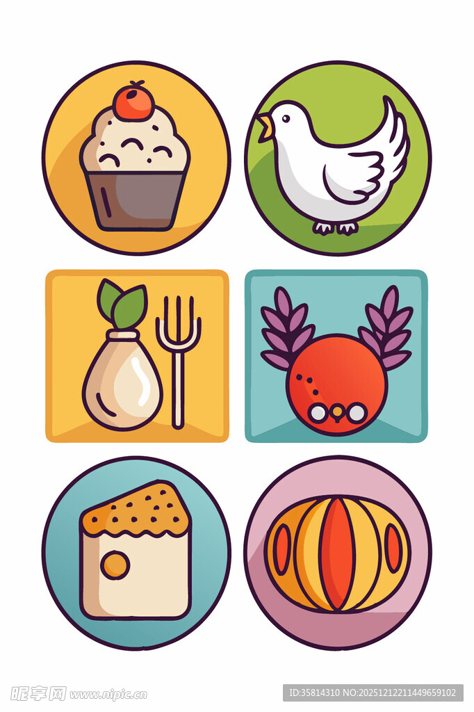 多彩食物与动物图标集合