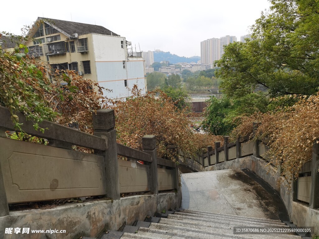 蜿蜒石阶旁绿植环绕的村落