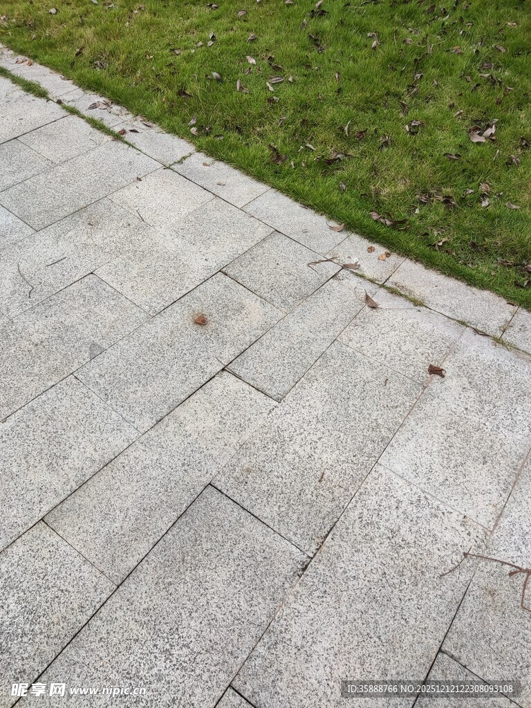 户外灰色石板与草地景观