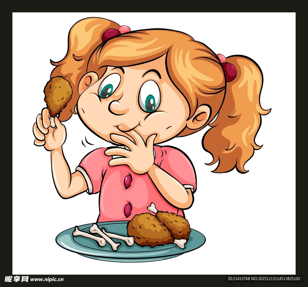 女孩开心享用盘中炸鸡