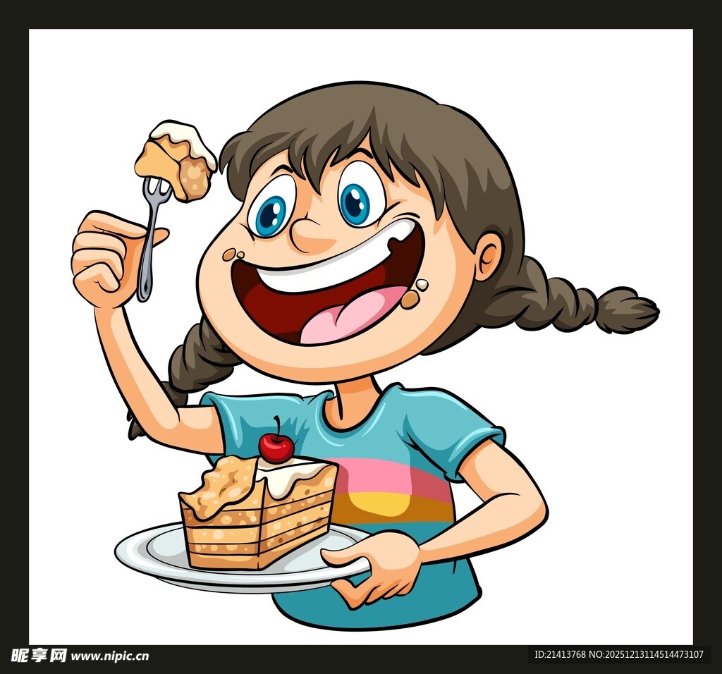 开心吃蛋糕的小女孩