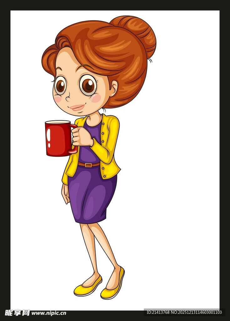 手持红杯的可爱卡通女孩